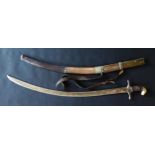 Middle Eastern Shamshir Sword. 81cm Curved decorated Blade. Wood Scabbard with metal mounts. 96cm.