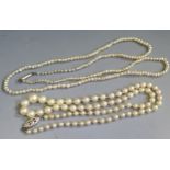 A 20.5" Antique Graduated Pearl Necklace with barrel clasp and another with 9ct white gold clasp