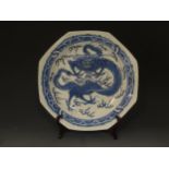 A 19th Century Chinese Blue and White Plate. Painted with large Dragon. 30cm.