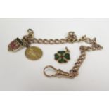 A 9ct Gold Bracelet with two gold charms and two 9ct gold coin mounts, 12.6