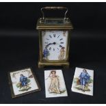 An Antique Brass Carriage Clock with enamel figural panels. A/F