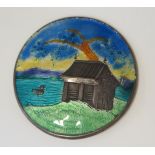 A Silver and Enamel Brooch decorated with a boat house and tree with a lake and duck, Birmingham
