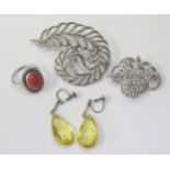 A Marcasite Fern Brooch (64mm) and other costume jewellery