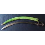 Nineteenth Century Indian Tulwar Sword. Curved 74cm Blade. Decorated Steel Hilt. In Wood Scabbard.