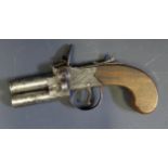 Over And Under Flintlock Pocket Pistol. Double Barrels, 4cm. By Spencer of London. Plain Wood