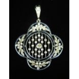 An 18ct White Gold and Diamond Pendant, the central stone surrounded by 22 diamonds held in vertical