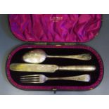 A Victorian Cased Silver Christening Set of Cutlery with chased foliate decoration, London 1889