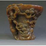 Chinese Buffalo Horn Libation Cup. Carved with Trees. 12cm. 765 grms.