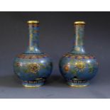 Pair of Chinese Cloisonne Vases. Blue ground decorated with Flowers. 13cm tall.