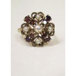 A 9ct Gold, Garnet and Pearl Cluster Ring, 19mm head, size O, 4.4g