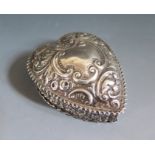 A Small Victorian heart Shaped Hinged Box with embossed foliate scroll decoration, 87x73mm,
