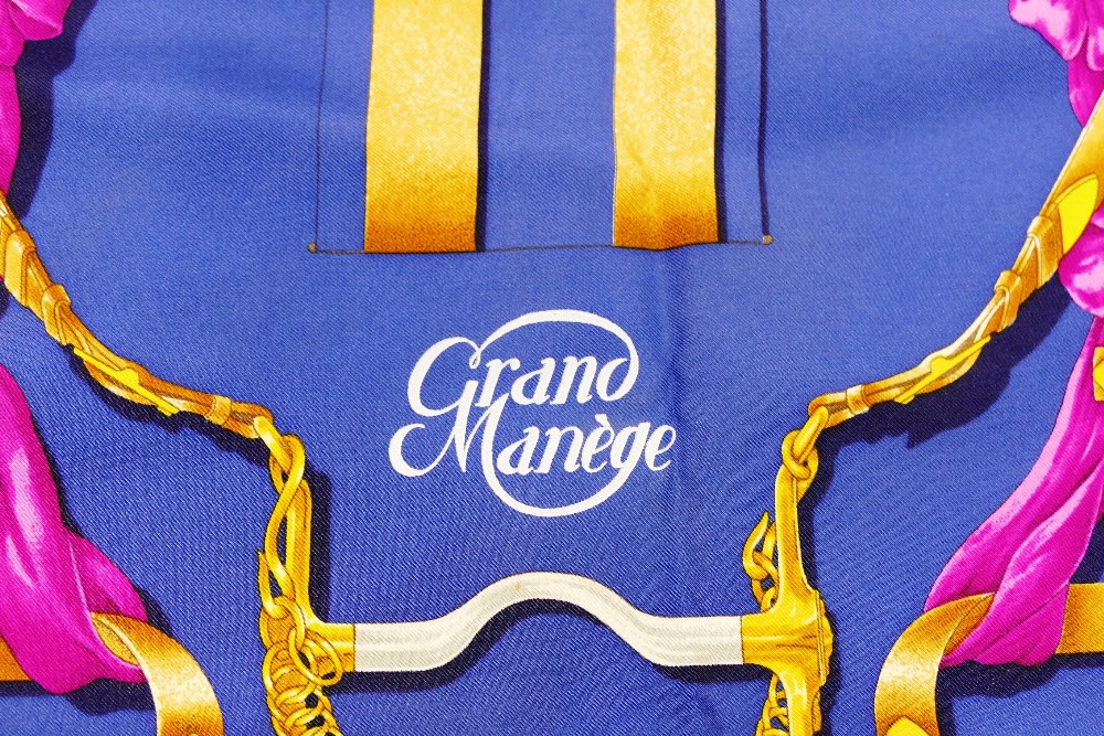 A Hermes blue ground 'Grand Manège' silk scarf, by Henri d'Origny, 89cm x 89cm, - Image 4 of 6