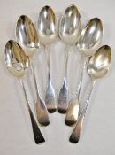 A pair of Victorian silver fiddle pattern dessert spoons and two other matched spoons all with