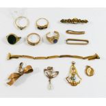A collection of 11 items of 9 carat gold and yellow metal broken or damaged jewellery items,