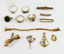 A collection of 11 items of 9 carat gold and yellow metal broken or damaged jewellery items,