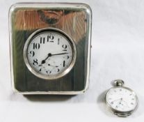 A silver plated goliath pocket watch, housed in a silver mounted black morocco case with easel back,