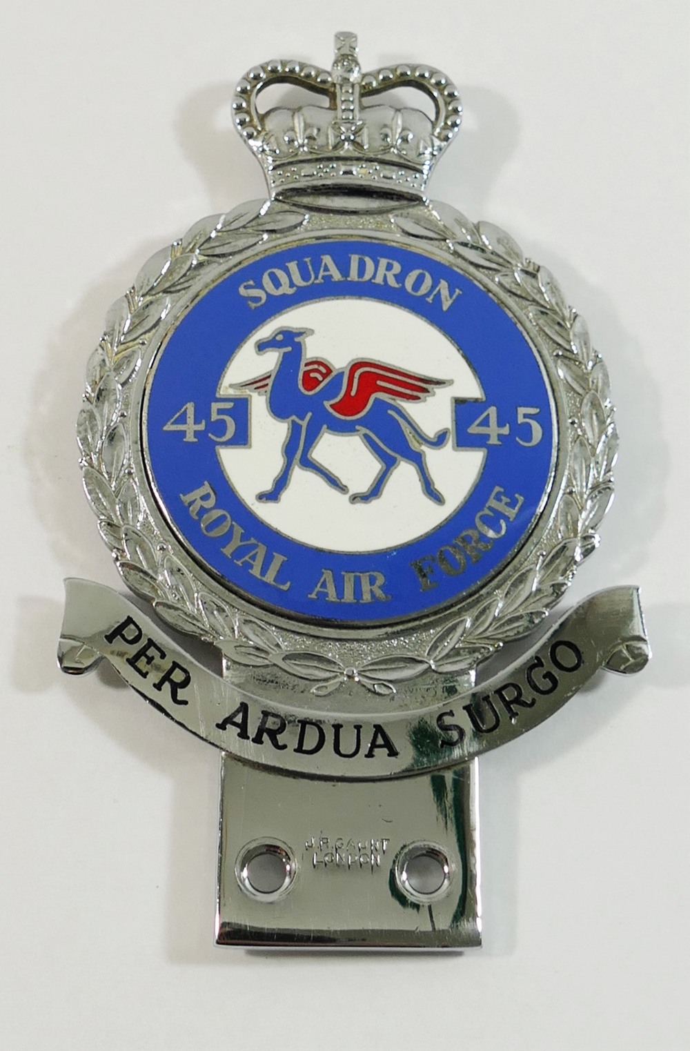 A No. 45 Squadron RAF plated and enamelled car badge, made by J R Gaunt of London, 13.