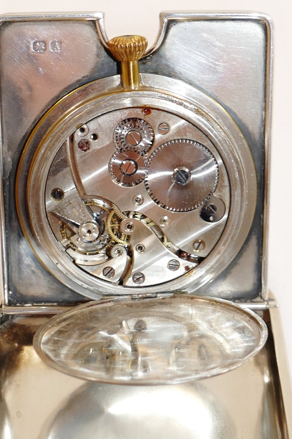 A silver cased folding bedside clock, with eight day movement, Birmingham 1925 by Adie Bros Ltd, - Image 6 of 8