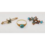 A Victorian gold, turquoise and garnet set daisy head cluster ring, 1.