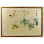 Two Chinese paintings on silk of flowers and a bird, both signed and with printed character mark,