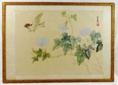 Two Chinese paintings on silk of flowers and a bird, both signed and with printed character mark,