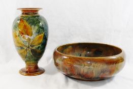 A Royal Doulton Autumn Leaf pattern vase, the mottled green ground with treacle glazed rim and foot,