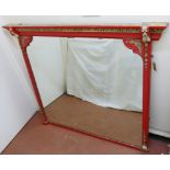 A large 19th century rectangular overmantle mirror with red, cream and gilt painted frame,