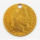 A Napoleon III 1865 gold 5 Francs coin, drilled, 1.