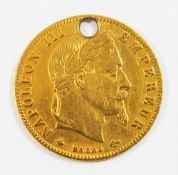 A Napoleon III 1865 gold 5 Francs coin, drilled, 1.