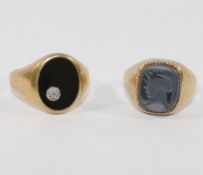 A 9 carat gold onyx and diamond signet ring, and a 9 carat gold hematite set ring,