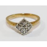 A 9 carat gold diamond cluster ring, the lozenge shaped cluster set with 16 eight cut diamonds,