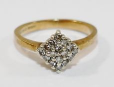 A 9 carat gold diamond cluster ring, the lozenge shaped cluster set with 16 eight cut diamonds,