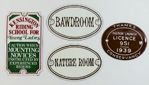 Three small Dodo Designs enamel signs; 'Kensington Riding School for Young Ladies', 11.5cm x 6.