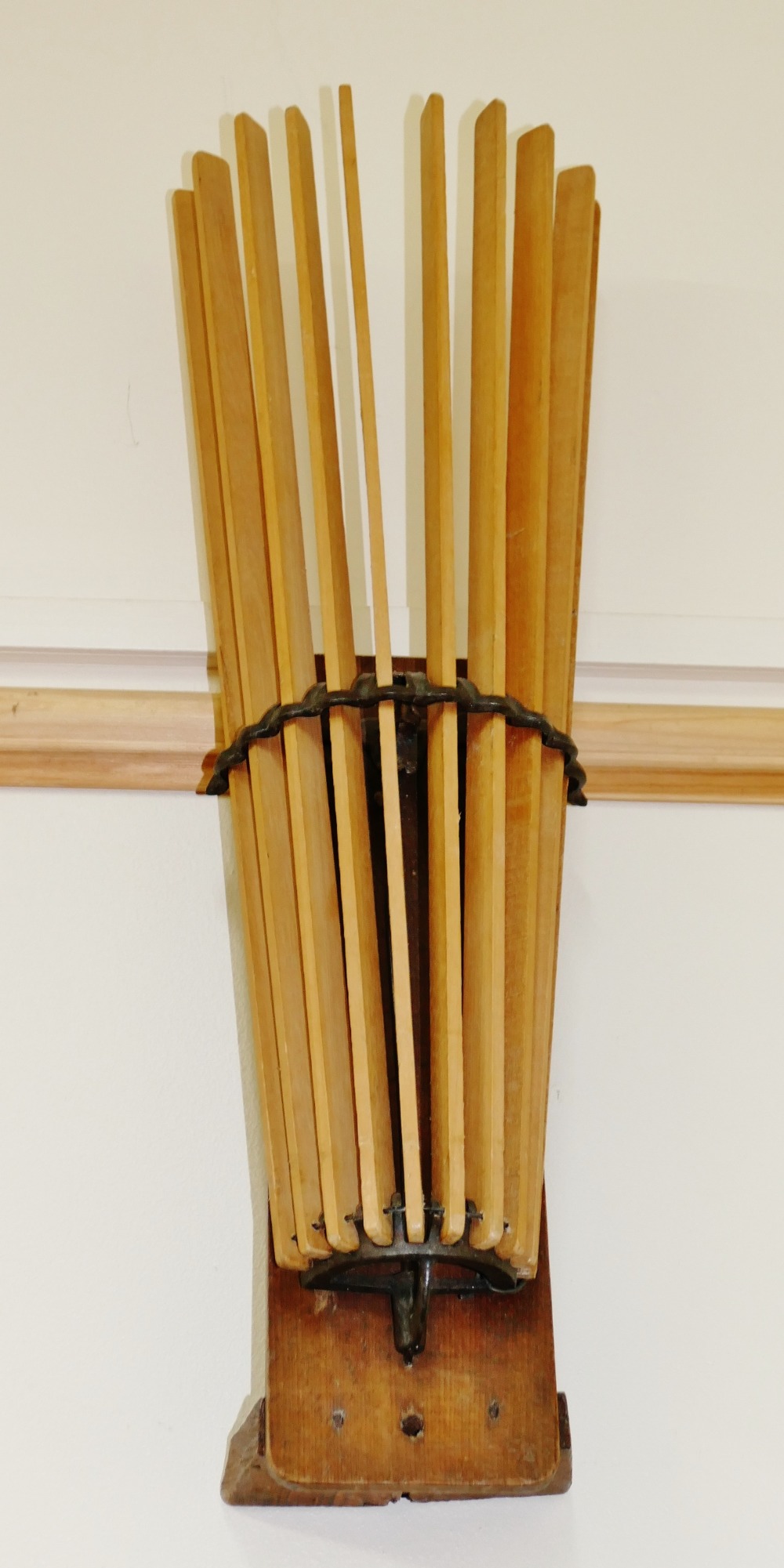 An early 20th century wall mounted folding airer, the 10 sticks each 54cm long, - Image 2 of 2