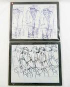 Katherine Little (20th/21st Century British)+ Two printed glass place mats each of men wearing