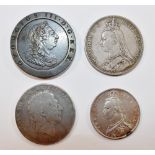 A George III 1797 cartwheel two pence coin, a George III silver 1820 crown,