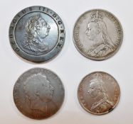 A George III 1797 cartwheel two pence coin, a George III silver 1820 crown,