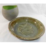 Betty May (20th/21st Century British)+ Pottery bowl with matt grey exterior and green interior,