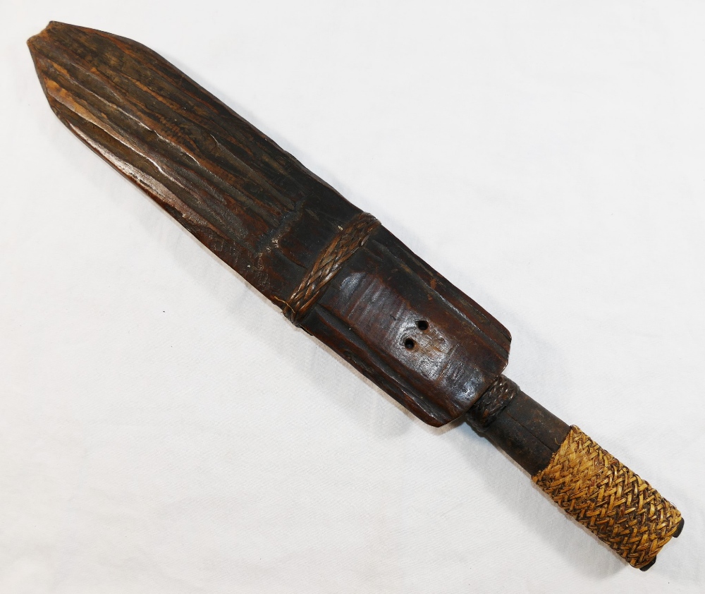 An antique steel tribal dagger/knife, the hollow handle with braided reed grip and ornamentation, - Image 2 of 3