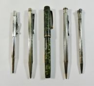 A Valentine fountain pen with 14ct gold nib, two silver propelling pencils,
