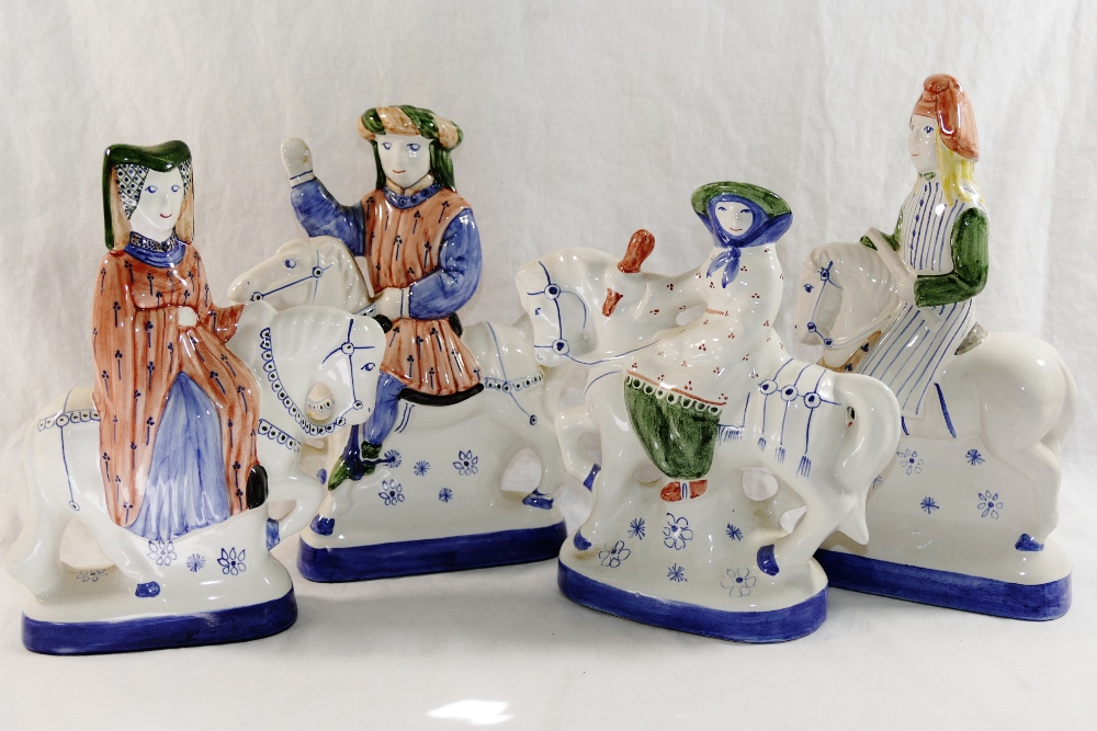 Four Rye Pottery Canterbury Tales figures on horseback, the tallest 22.