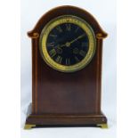An Edwardian dome topped mahogany cased line inlaid mantel clock,