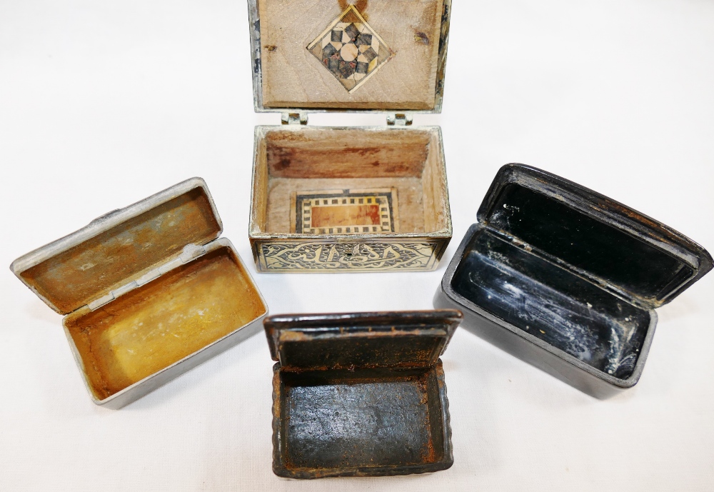 A 19th century rectangular papier machè snuff box with mother of pearl inlaid lid, 2cm x 3cm x 6. - Image 2 of 2