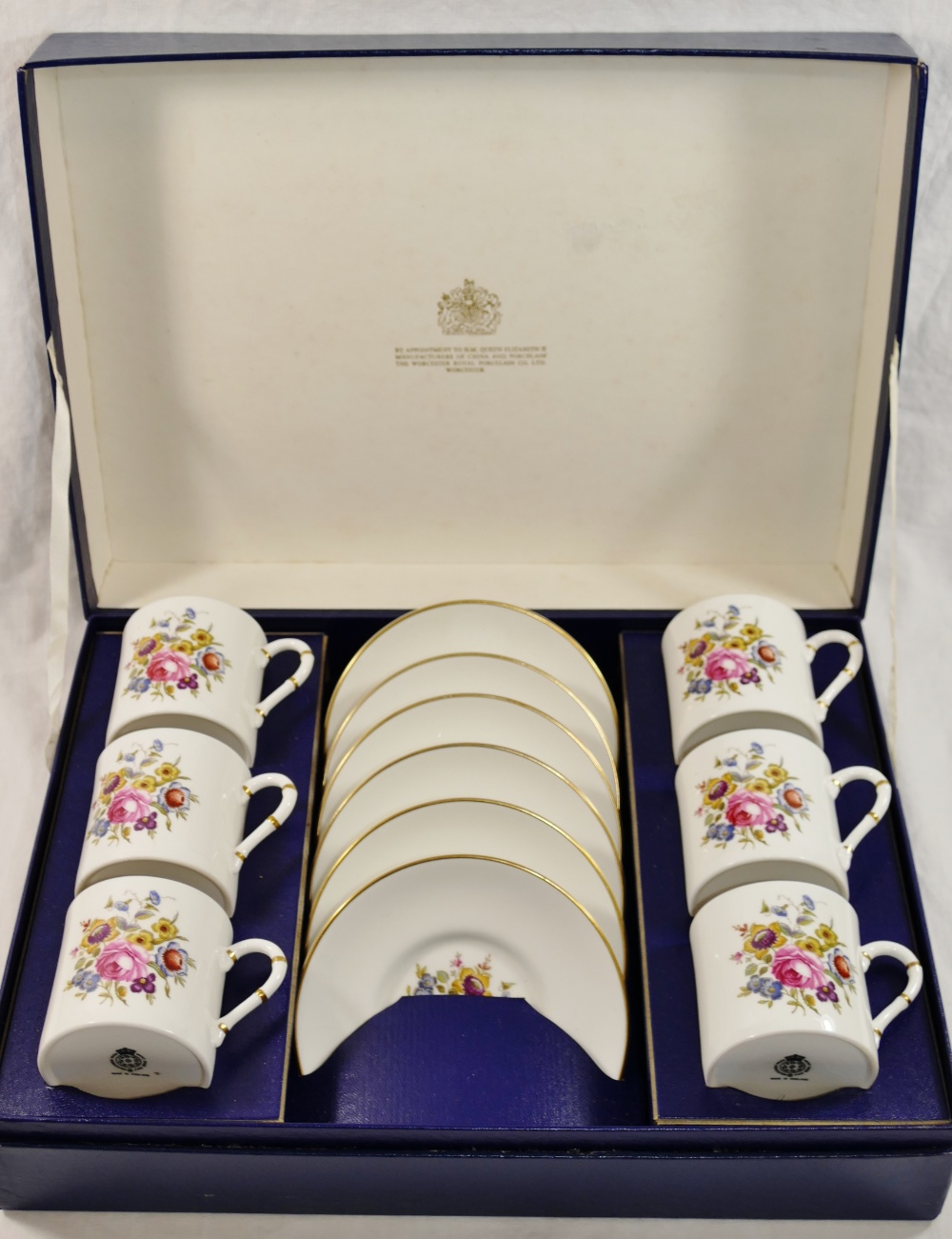 A Royal Worcester 'Posies' pattern bone chain six place coffee set, - Image 2 of 9