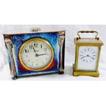 A brass five class carriage clock, the white enamel dial with Roman numerals,