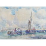 Edward Aubrey Hunt (1855-1922) Sailing Boat with figures rowing Watercolour Signed lower left 23.
