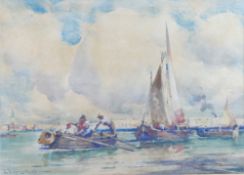 Edward Aubrey Hunt (1855-1922) Sailing Boat with figures rowing Watercolour Signed lower left 23.