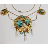 An early Victorian gold, turquoise and seed pearl Romantic movement necklace,
