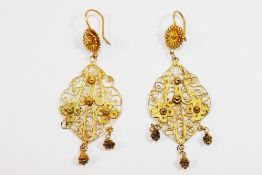 A pair of Thai silver gilt filigree drop