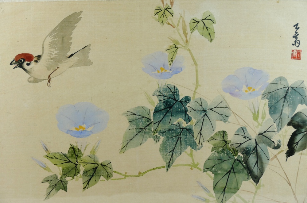 Two Chinese paintings on silk of flowers - Image 2 of 4